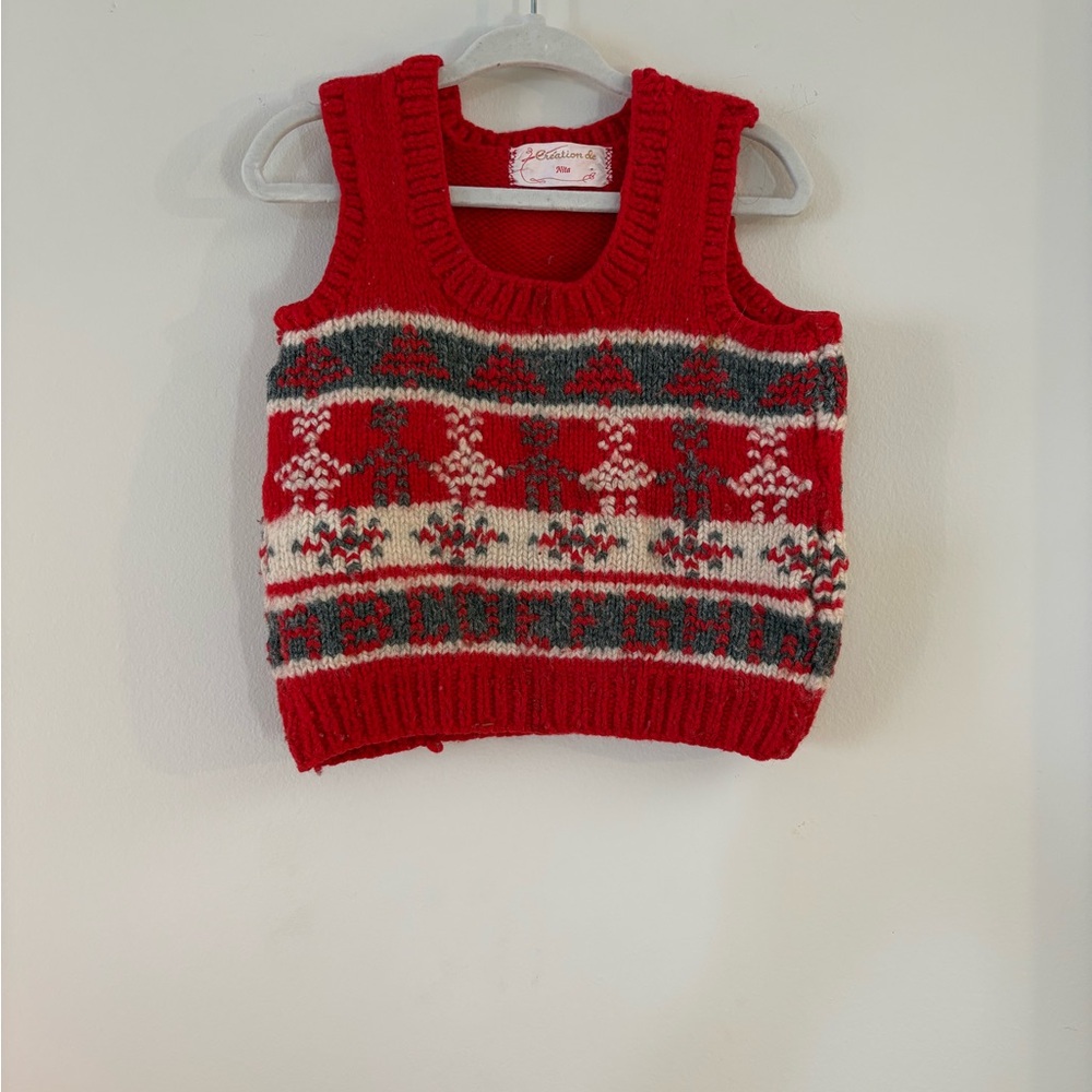 VINTAGE HAND KNIT Red Knit Holiday Sweater Vest 12/18M